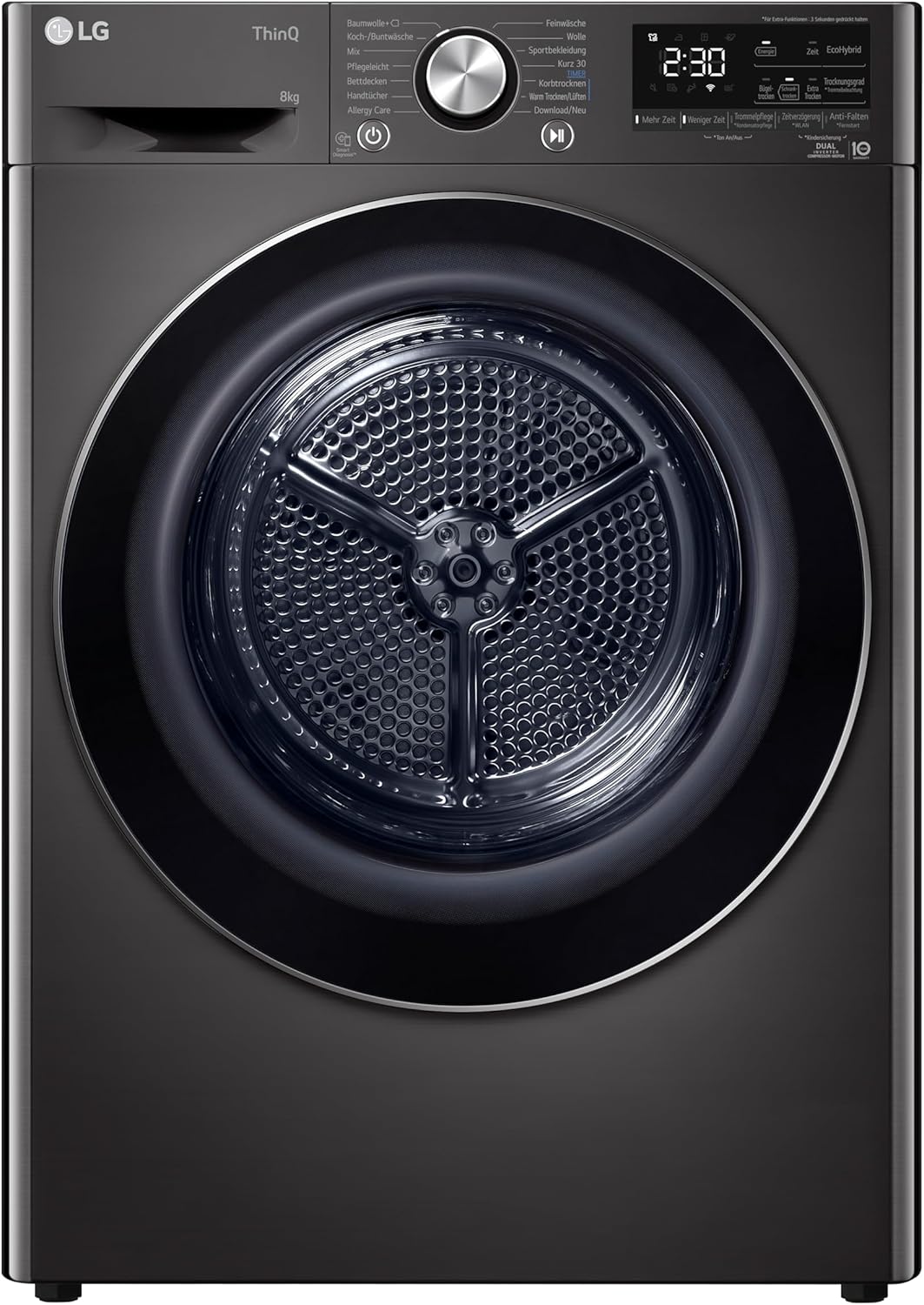LG RT80V9B, Klasse A+++,Trockner 8 kg, Wärmepumpentrockner mit Kurzprogramm, Trockensensor, Trommelmaterial aus Edelstahl, 60 x 69 x 85 cm ꟷ Schwarz