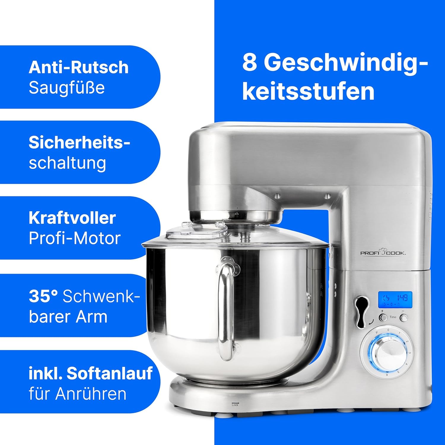 ProfiCook® Küchenmaschine mit XXXL-Edelstahlschüssel | Rühgerät 10L mit 1500W Motor | Knetmaschine inkl. Haken & Schneebesen | Teigknetmaschine Spritzschutz mit Nachfüllöffnung | PC-KM 1096