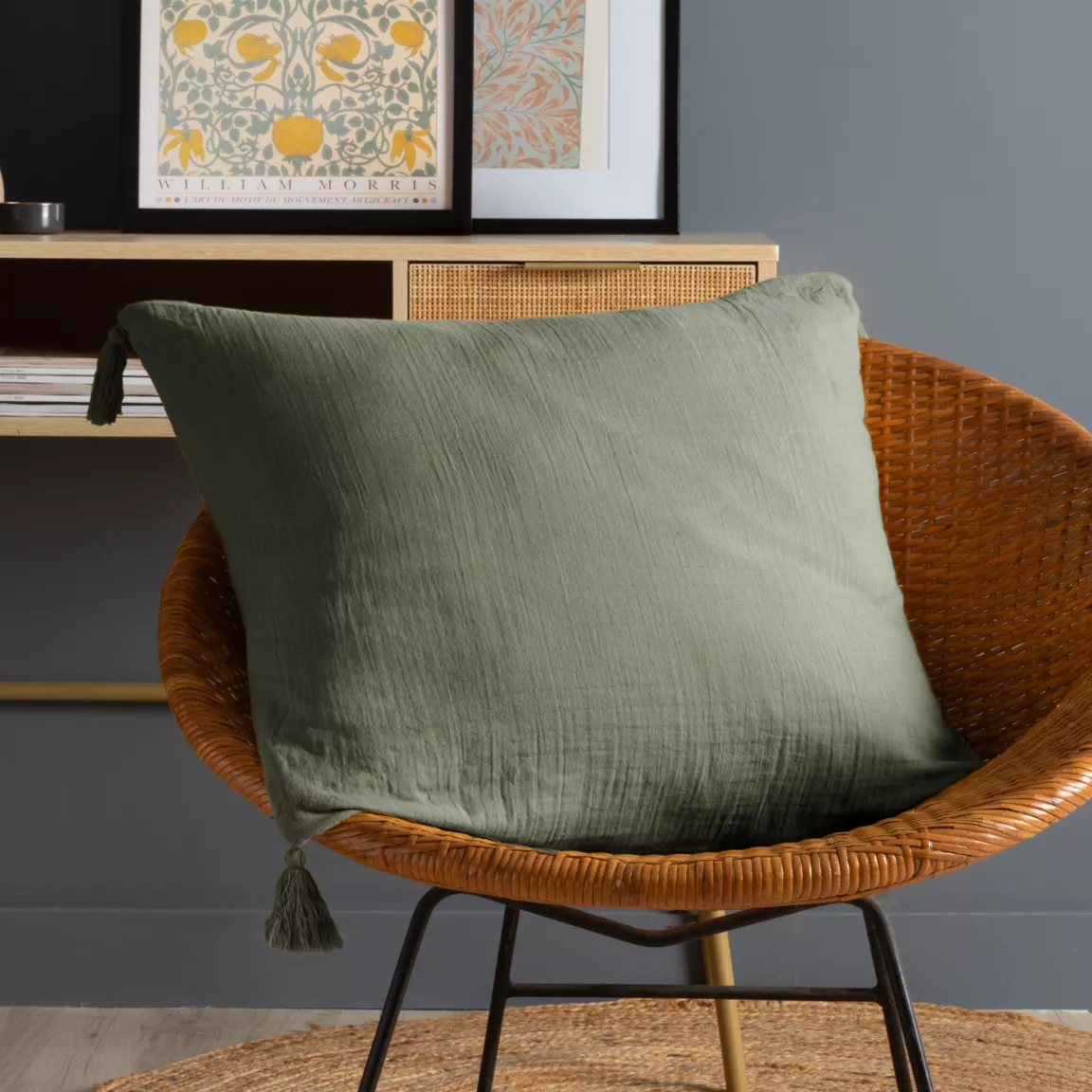 Coussin carré gaze de coton (60 x 60 cm) Gaïa Vert romarin