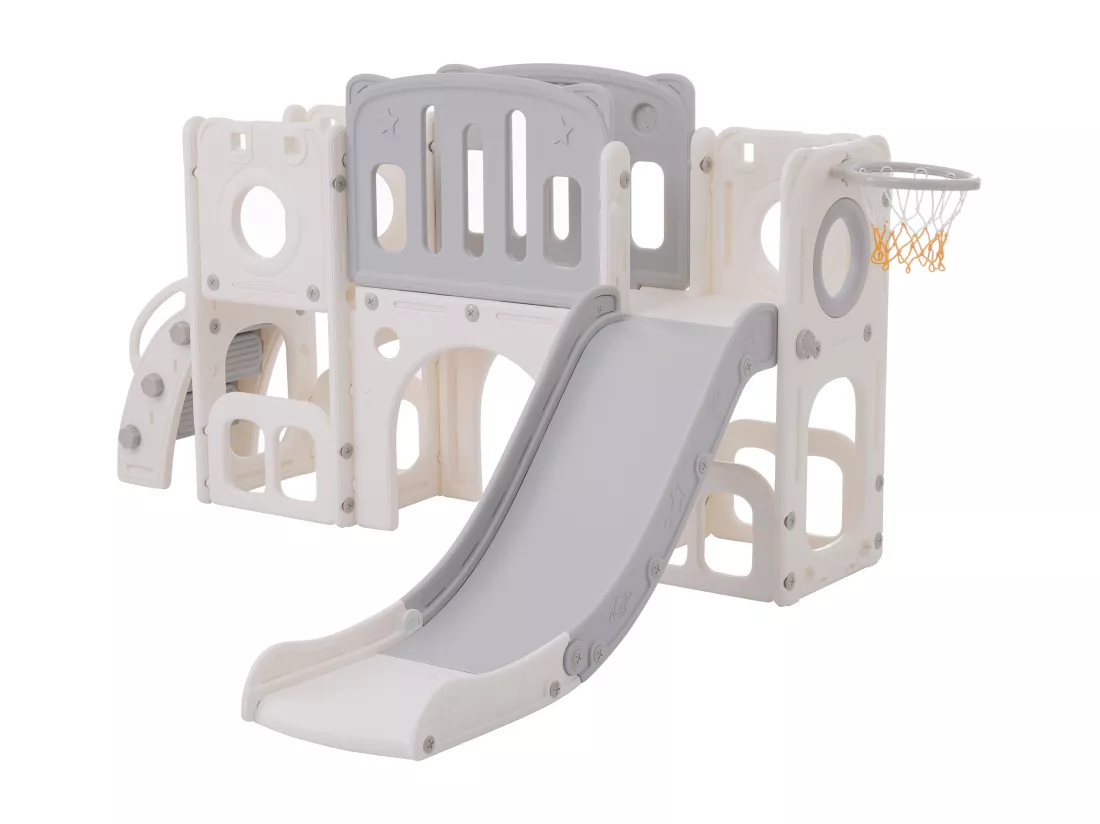 Toboggan 6 en 1 en PEHD pour enfant, avec plate-forme, escalier, 2 zondes de rangement, arcade, panier de basket, gris