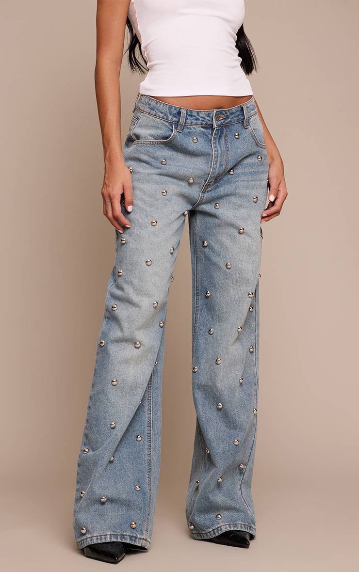 Mid Blue Wash Jean En Denim Taille Haute Bleu Moyen À Clous Dôme