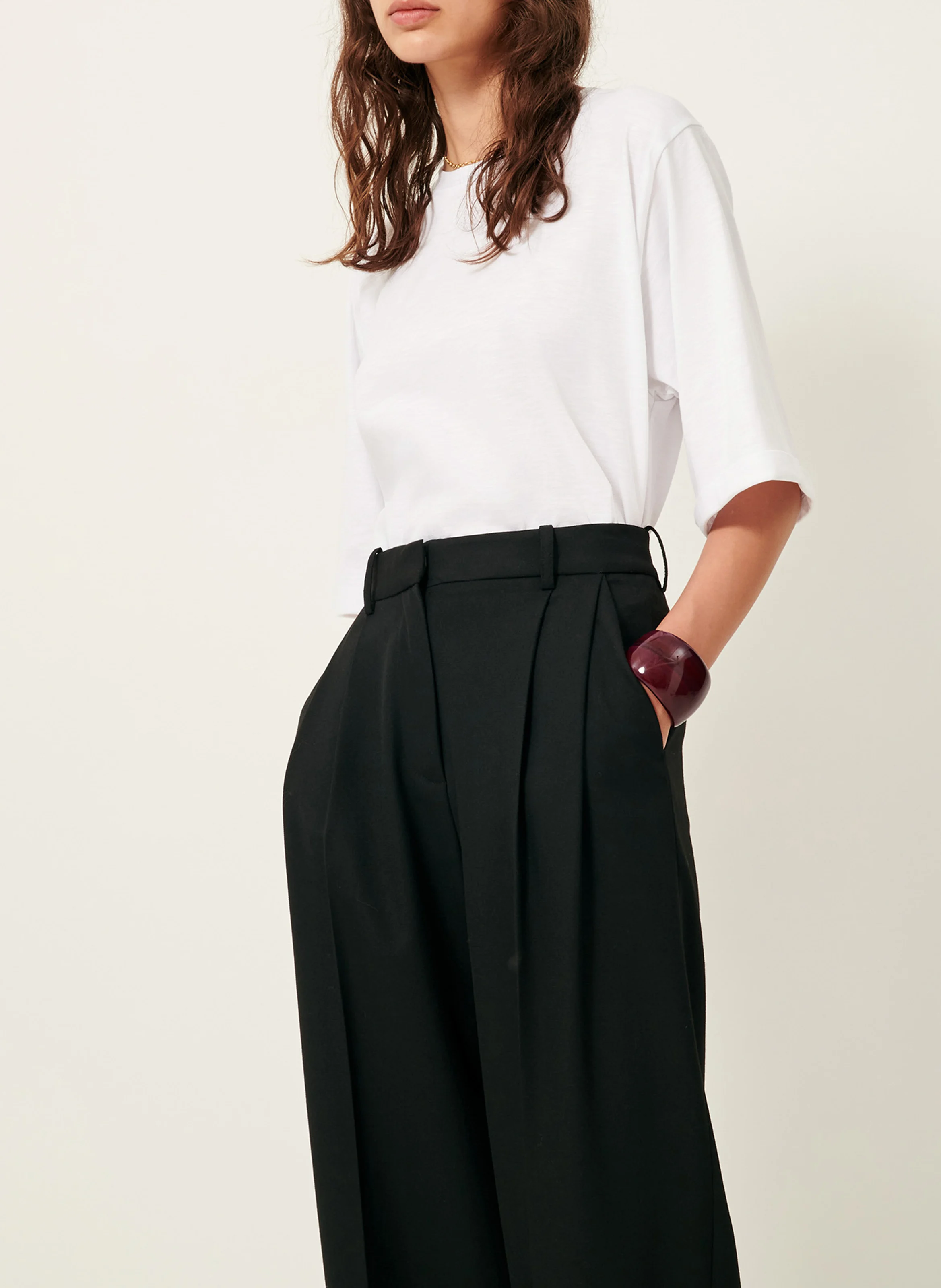TREVOR - Pantalon large taille haute à plis marqués en gabardine | Noir