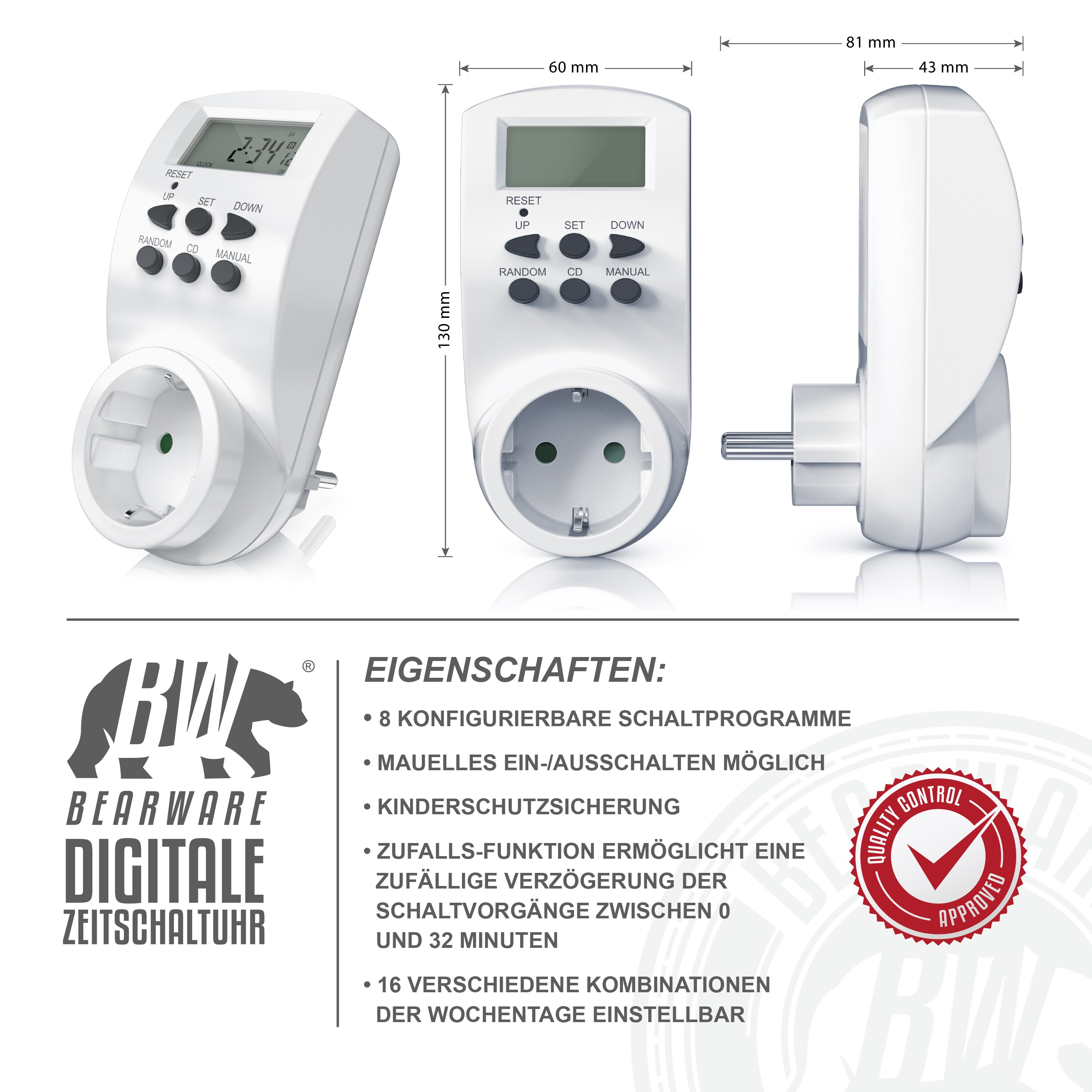 BEARWARE Zeitschaltuhr mit 1,4“ LCD-Display - 8 konfigurierbare Schaltprogramme