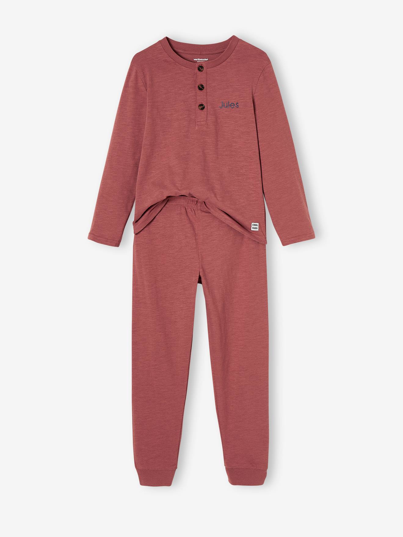 Pijama liso e personalizável com gola tunisiana para meninos, cor argila.
