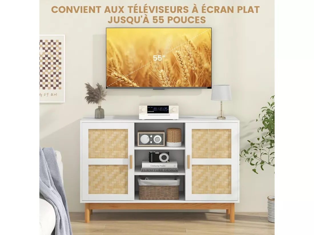 Buffet de cuisine, armoire cuisine avec 2 portes tressées en bambou 120 x 35 x 78 cm