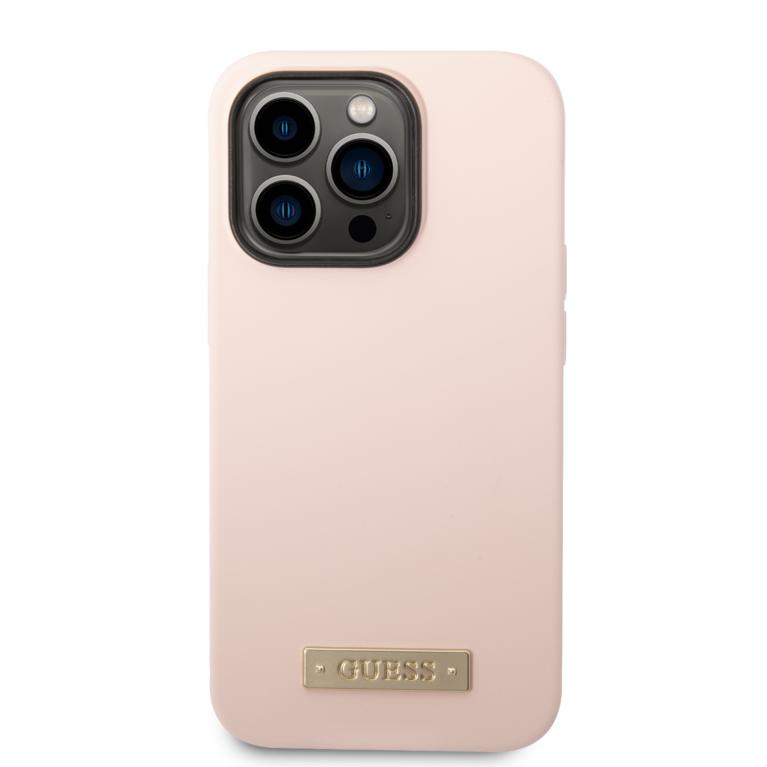 iPhone 14 Pro Max MagSafe Silikon Hardcase Hülle Logo Plate (GUHMP14XSBPLP) - Rosa / Gold