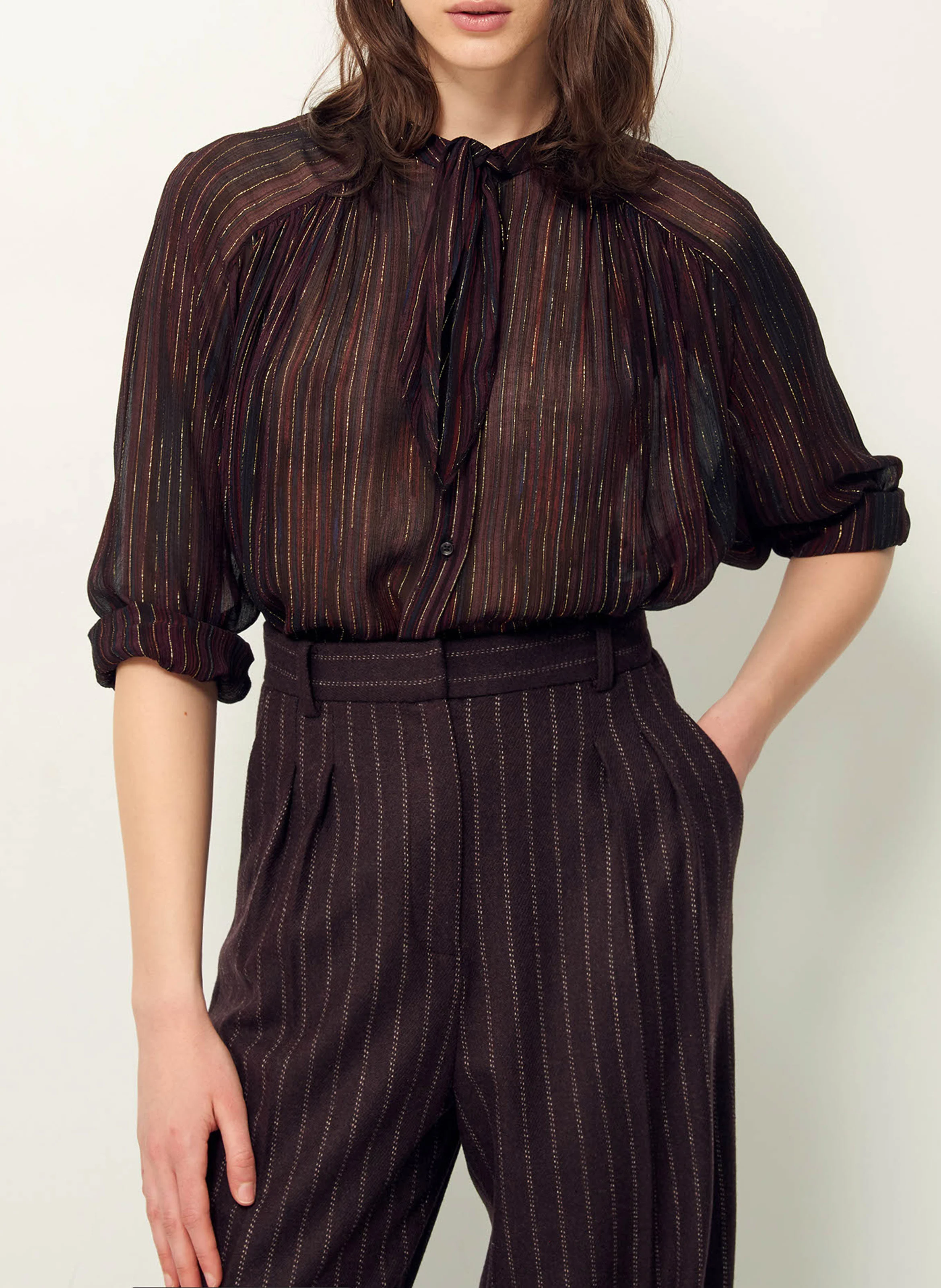 JOYLUX - Blouse col rond à rayures | Marron
