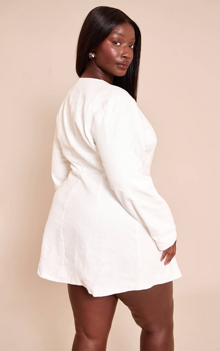 Blanc Robe Courte Grande Taille En Lin Premium Avec Taille Cintrée Et Manches Cocon