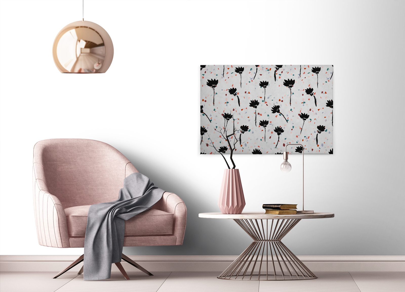 Leinwandbild MOSAIK BLUMEN - grau-schwarz - 90x60 cm
