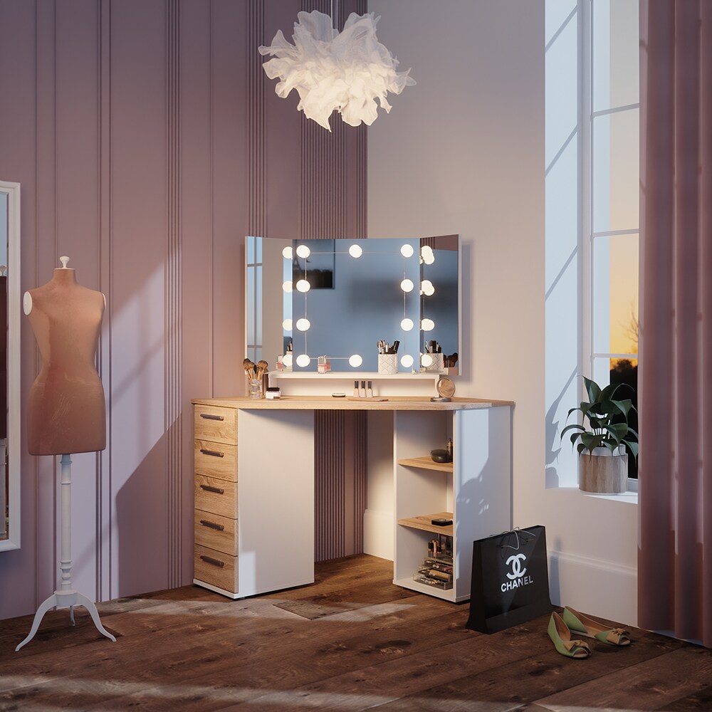 Vicco Eckschminktisch Frisiertisch Frisierkommode Sofia Weiß Sonoma Spiegel LED 128x142 cm modern Ablage