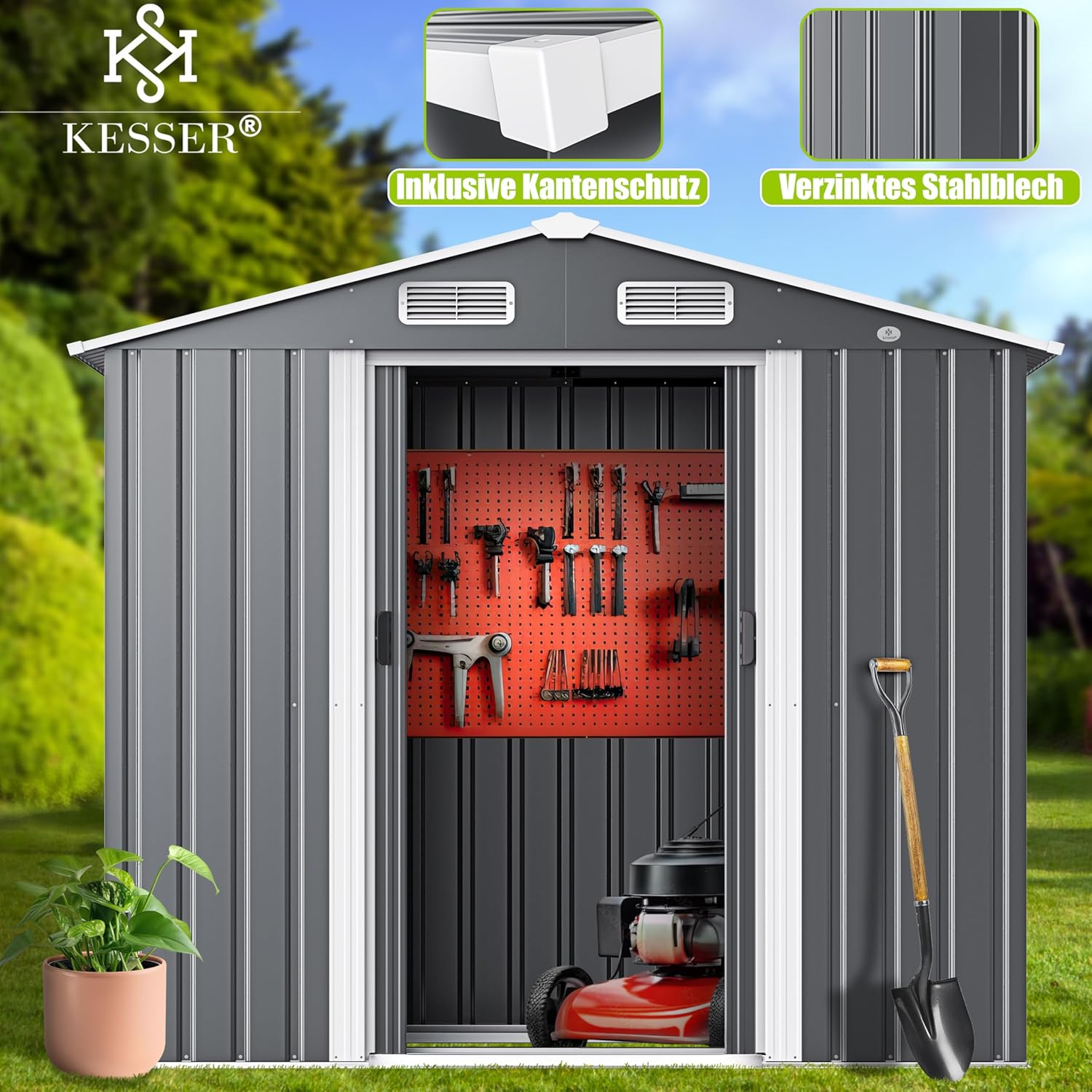 KESSER® XL Metall Gerätehaus 4,2m³ mit Fundament | Inkl. Arbeitshandschuhe | 195x131x186cm | 2X Schiebetür & Fundament | Geräteschuppen | Gartenhaus Schrank | Satteldachdach Garten Schuppen Grau