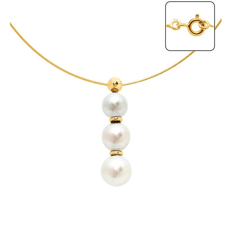 Collier Ras du cou Femme Cable en Or Jaune 750/1000 et 3 Perles de Culture Blanches