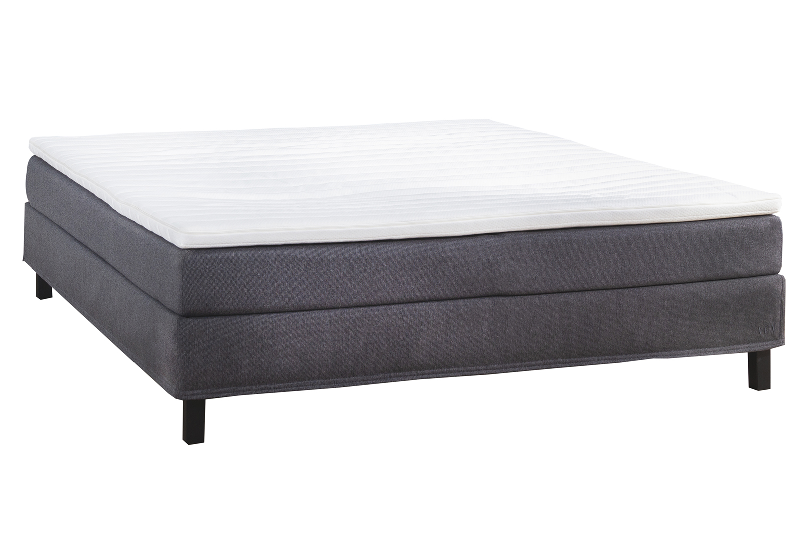 Komfort 2 kontinentalseng 180x200 cm i tekstil Juno Grå 96, XOV Komfort 3 overmadrass og firkantet sort ben 15 cm