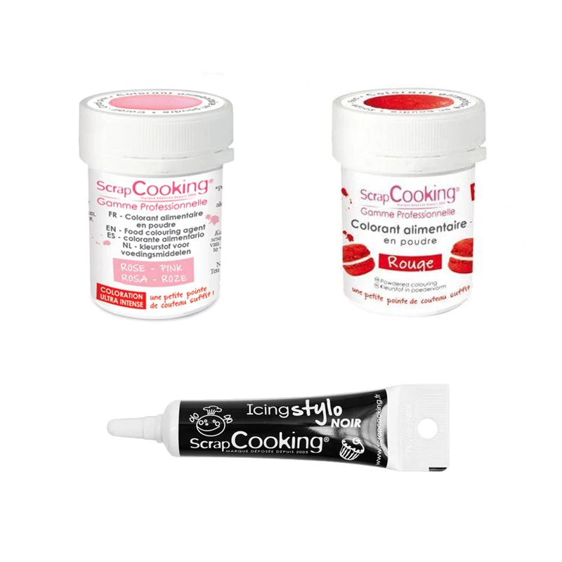2 colorants alimentaires rose poudré-rouge + Stylo glaçage noir Scrapc