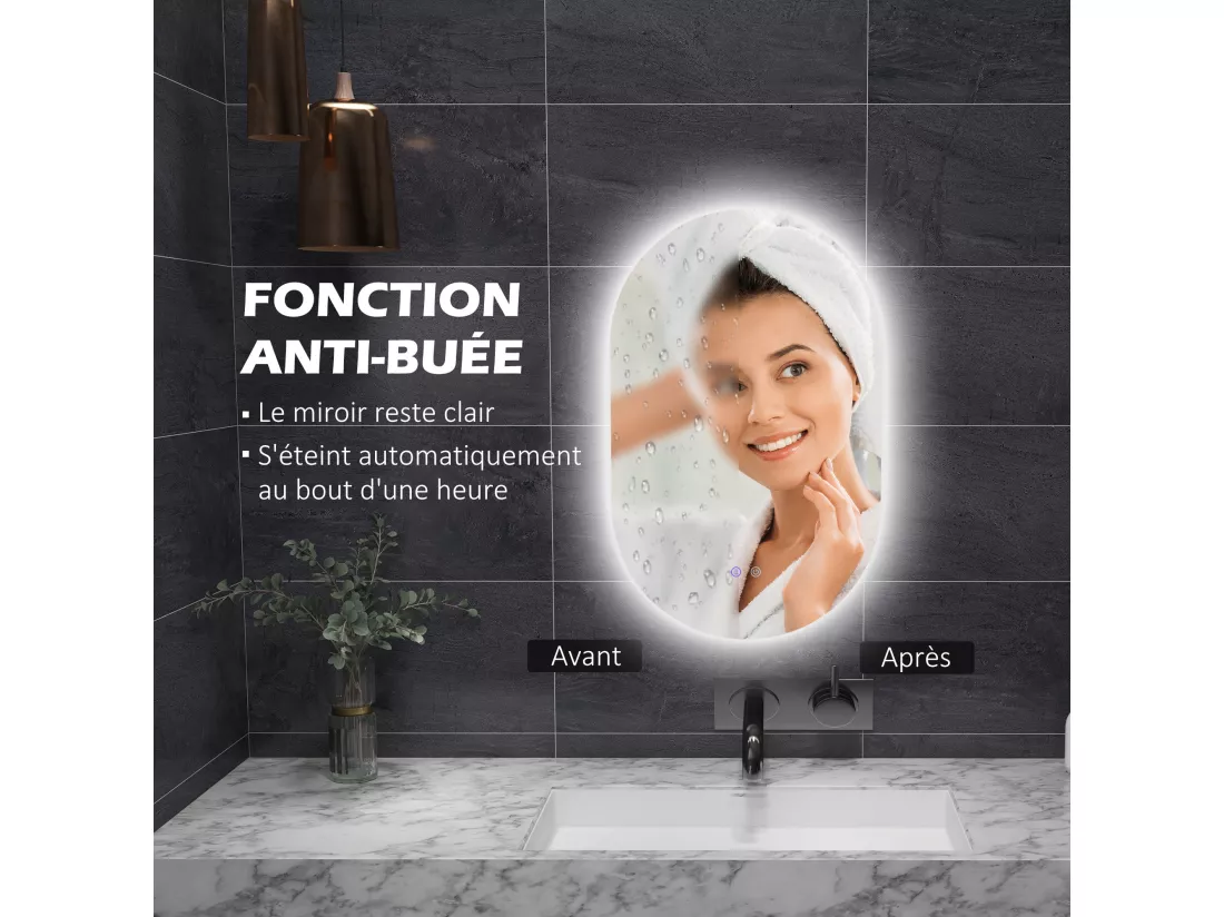 Miroir ovale mural lumineux LED de salle de bain - 81 x 51 cm - avec 3 couleurs, luminosité réglable interrupteur tactile système antibuée transparent