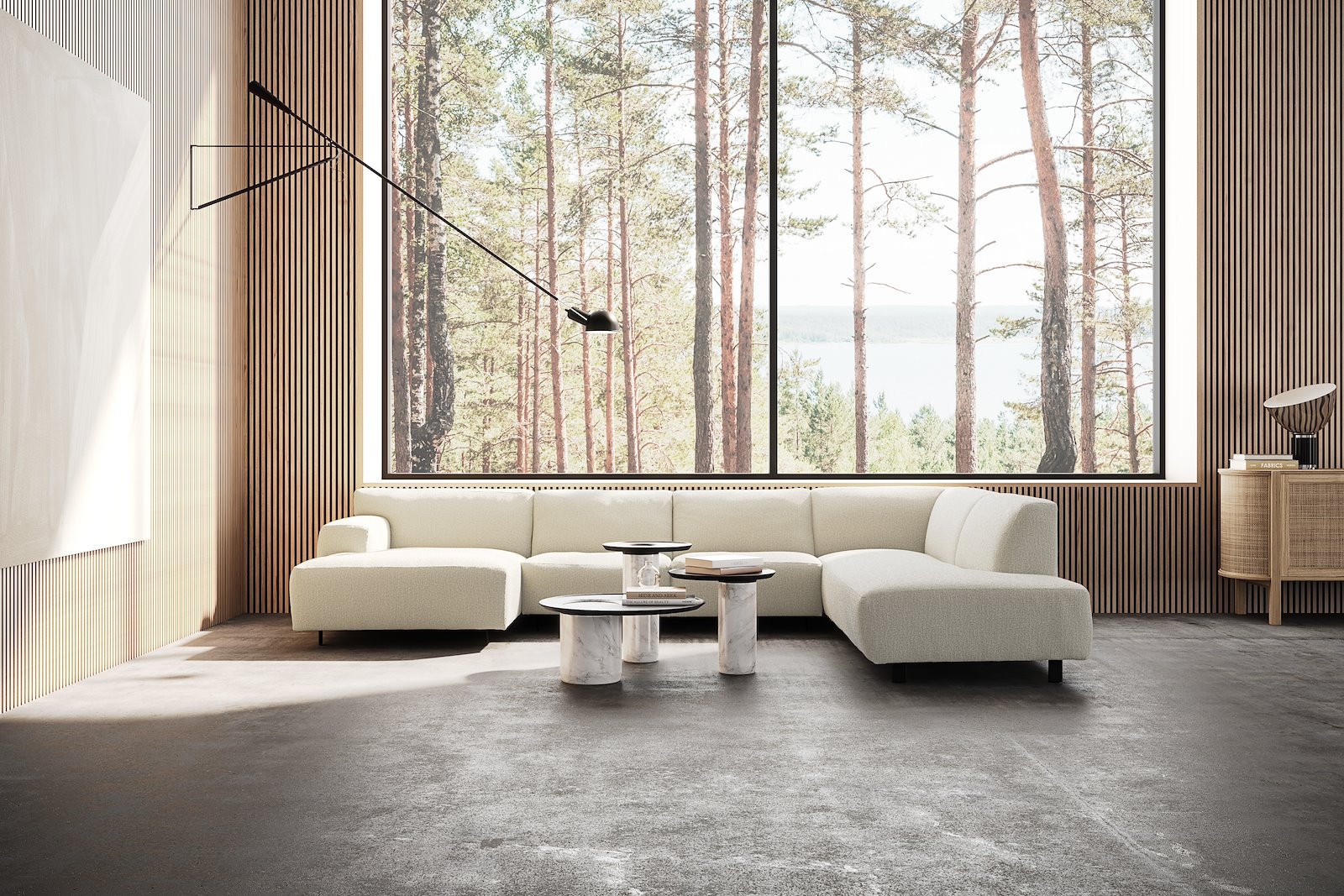 Vesta U-sofa Sjeselong venstre, 3-seter og åpen ende høyre. Big hjørnemodul, Tekstil Marsel Beige, sort metallben 10 cm, Comfort CM