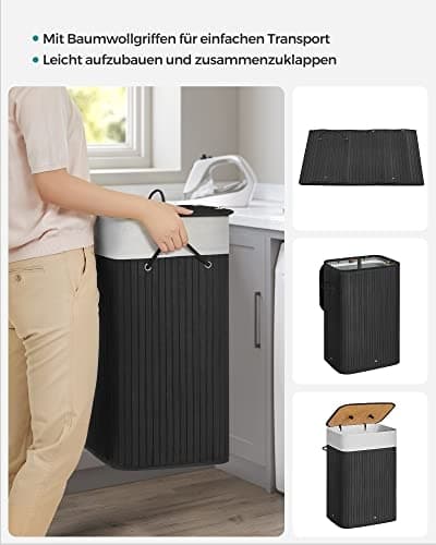Plassbesparende, solid skittentøyskurv med lokk og vaskbar pose