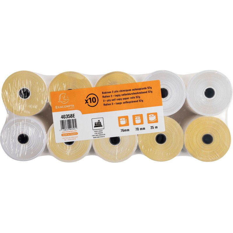 Bobines Caisses Exacompta 40358E - l 76 mm x L 25 m, Ø 70 mm - 2 pli(s) - paquet de 10