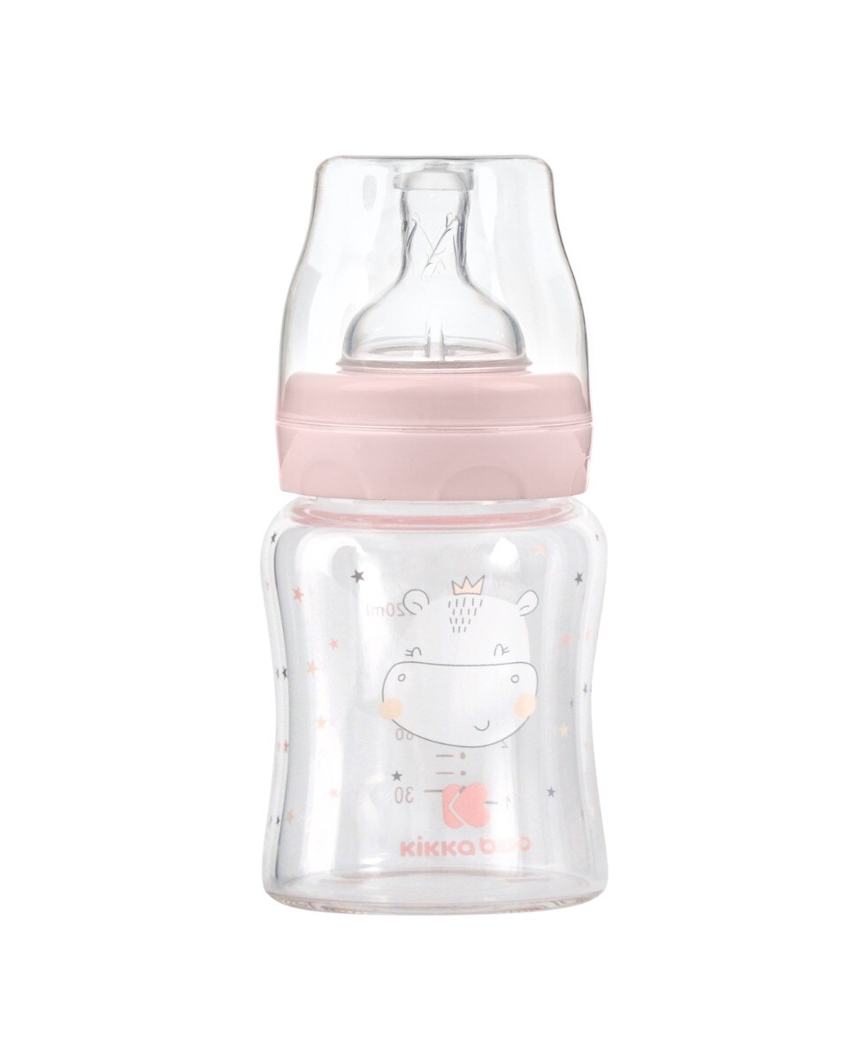 Kikkaboo Baby Glasflasche 120 ml, Weithalsöffnung, Silikonsauger Größe S, Deckel rosa