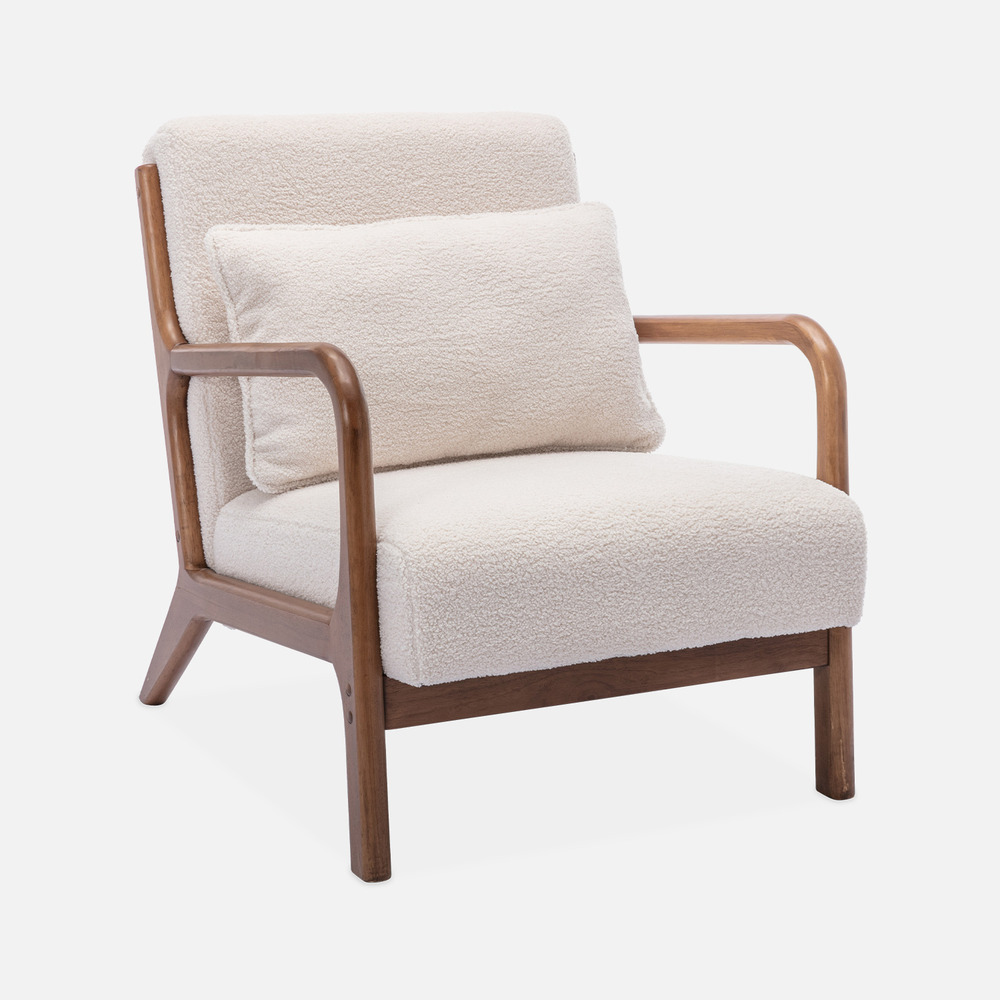 Fauteuil à bouclettes . Pieds bois d'hévéa teinté noyer clair. 1 place droit fixe. Pieds compas scandinave. Structure en bois solide