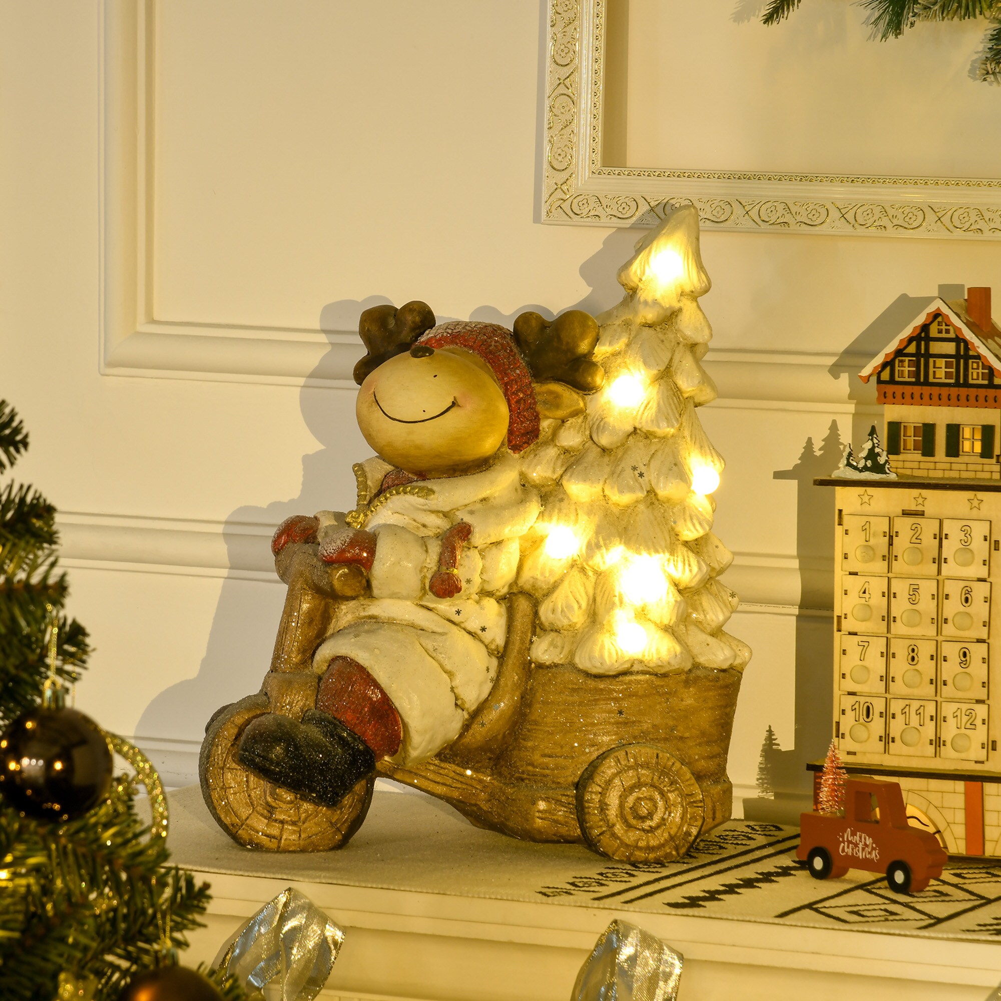 HOMCOM Weihnachtsfigur Rentier auf Dreirad mit LED-Licht bunt 36L x 21B x 44H cm