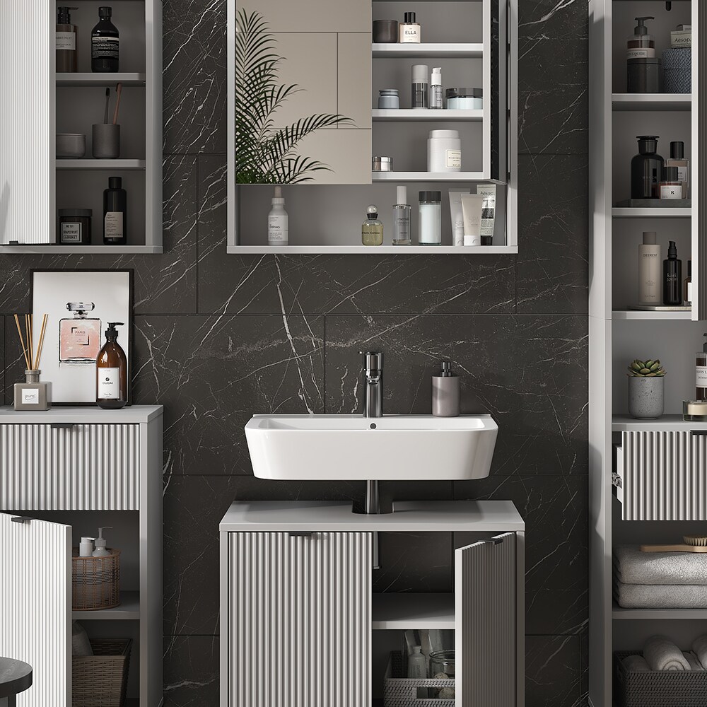 Vicco Badmöbel-Set Eliza, Grau, Badezimmer, moderne Badserie, extravagante Fronten, Waschtischunterschrank, Spiegelschrank, Midischrank, Hängeschrank, Hochschrank