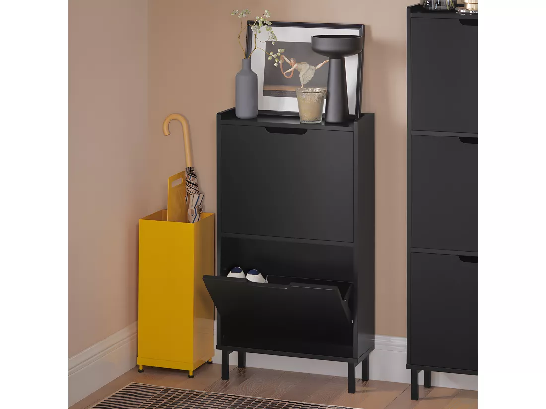 SoBuy Meuble à Chaussures Meuble de Rangement à Chaussures avec 2 Abattants Armoire à Chaussures Commode à Chaussures Meuble d'Entrée Rangement pour Chaussures – Noir, 50x19x90 cm, FSR151-SCH