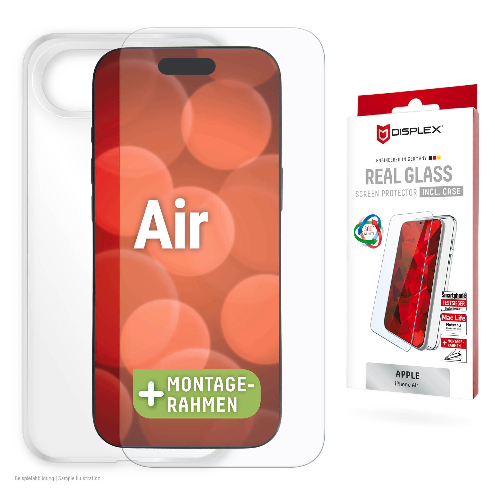 Displex Displayschutzglas »Real Glass Screen Protector inkl. Case« für Apple iPhone Air Displayschutzfolie, Schutzfolie, Bildschirmschutz, kratz- & stossfest