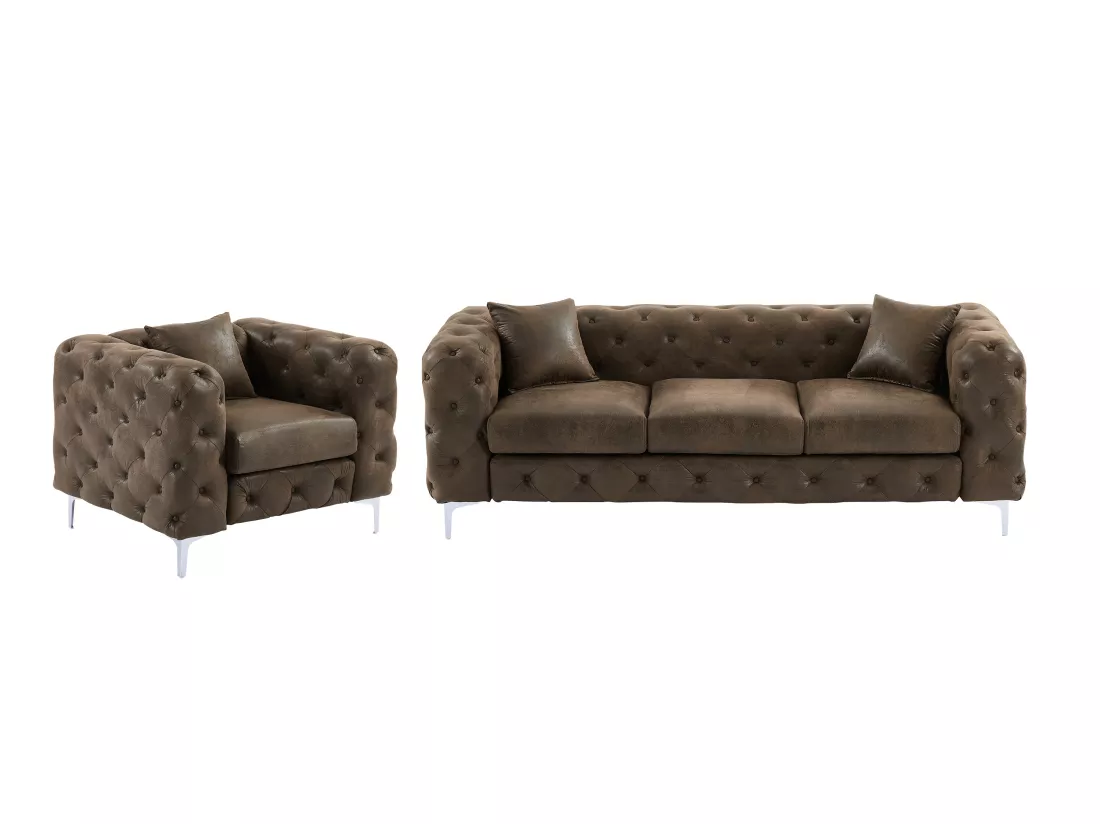 Canapé 3 places et fauteuil chesterfield en microfibre aspect cuir vieilli EDWINA