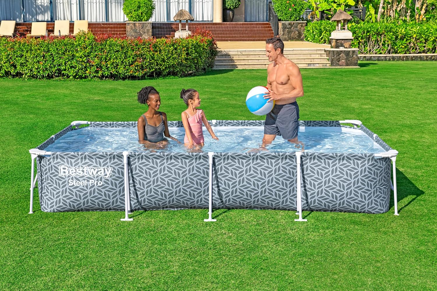Bestway Steel Pro Frame Pool Set mit Filterpumpe 366 x 201 x 66 cm, Blattform-Design, eckig