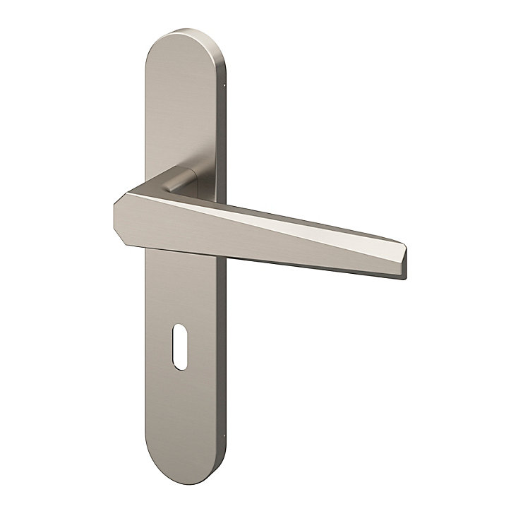 Ensemble poignée sur plaque rond serrure GoodHome Keri effet nickel satin gris L.140mm x l.42mm entraxe 165-195mm