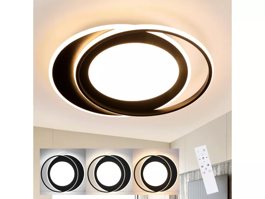 NETTLIFE Plafonnier LED Rond 66W Moderne 48,5 cm Chambre Noir Dimmable avec Télécommande Salon pour Cuisine Couloir Bureau