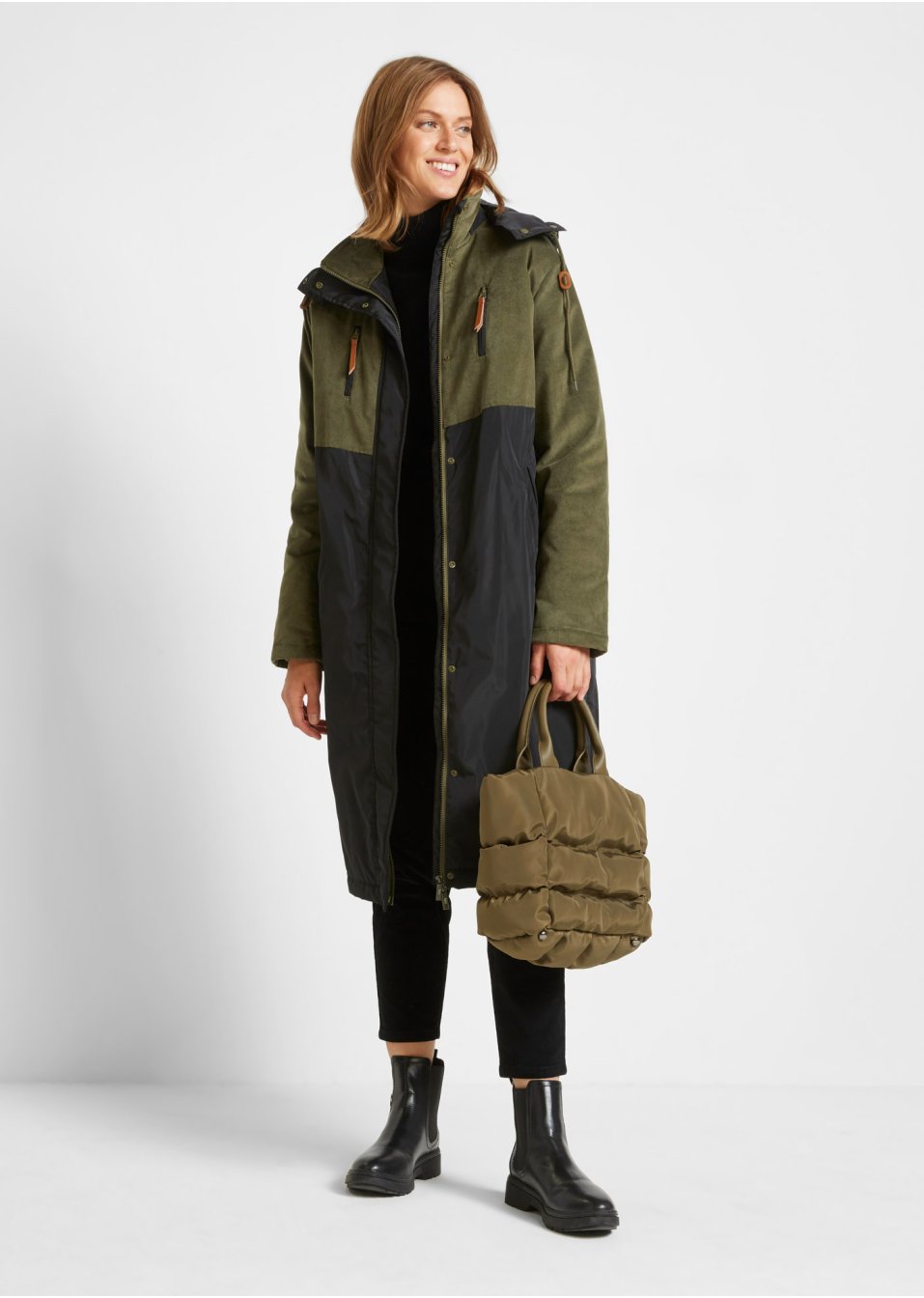 Parka longue à capuche en mélange de matières, coupe droite
