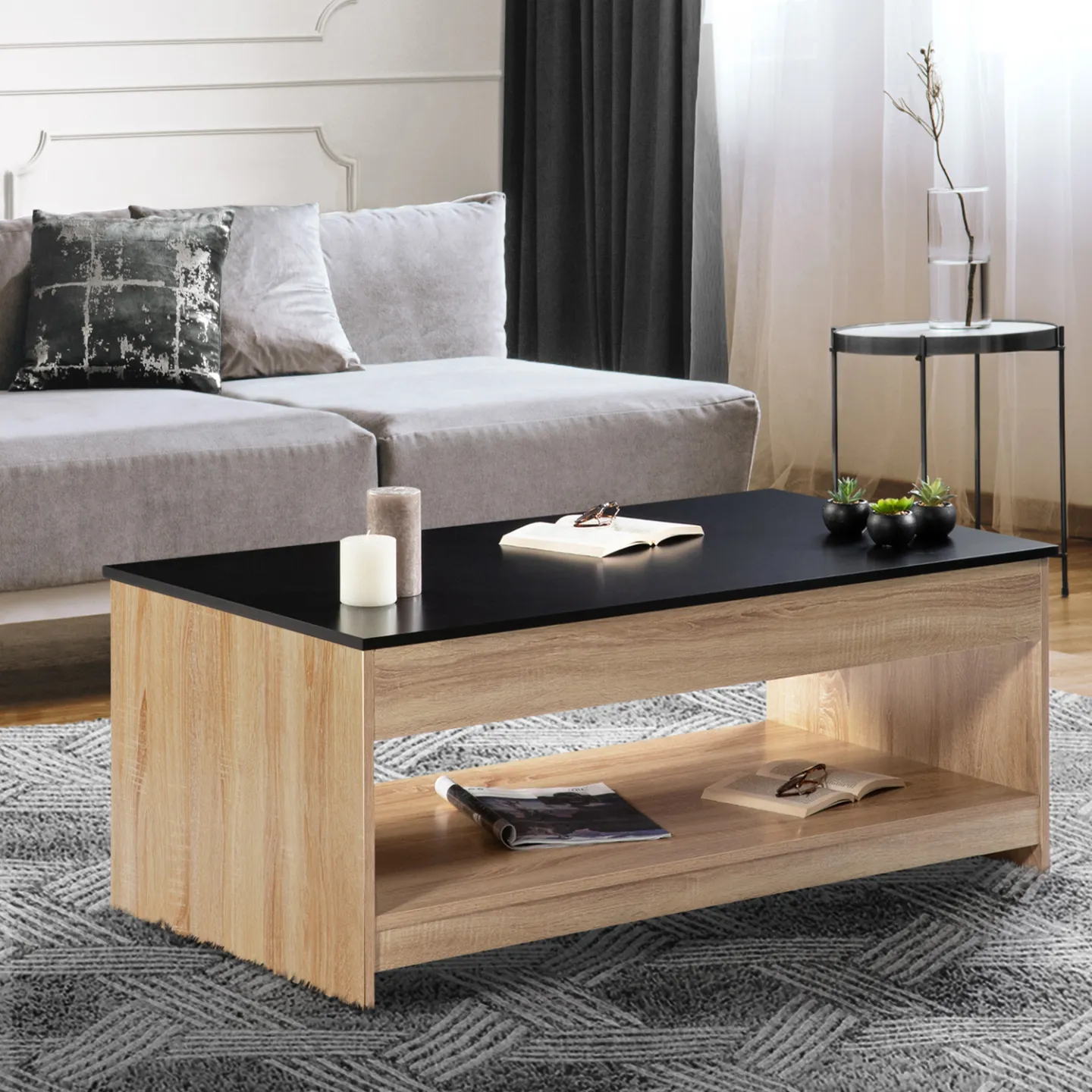 Table basse plateau relevable rectangulaire SOA bois imitation hêtre plateau noir