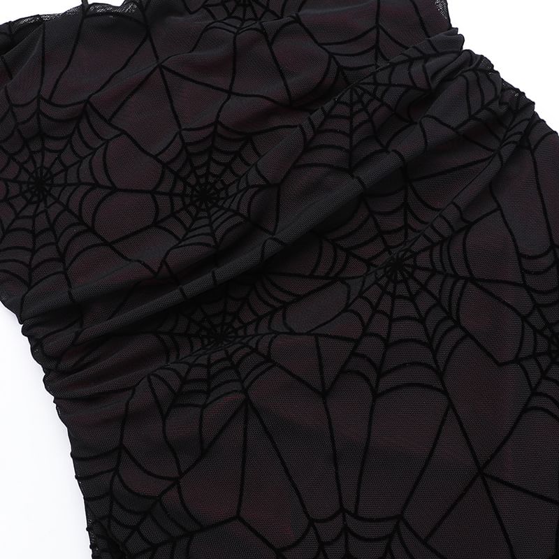 meadowdrop - Halter coltrui met spinnenwebprint en open rug van mesh, maxi-zeemeerminjurk