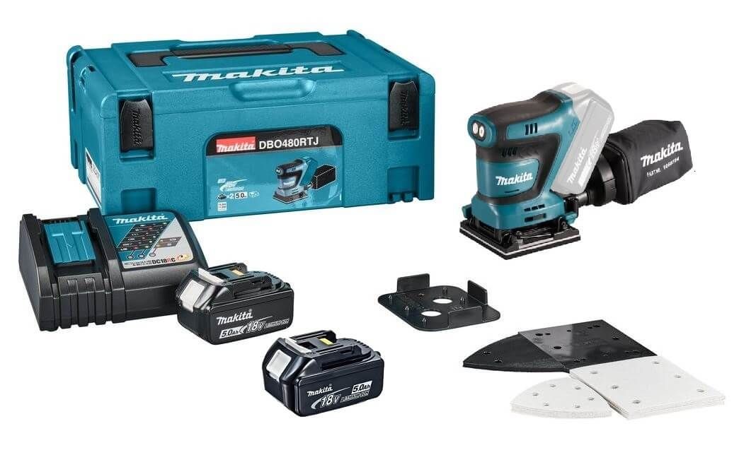 Makita DBO480RTJ 18V Li-ion accu handpalm vlakschuurmachine set (2x5.0Ah) in Mbox