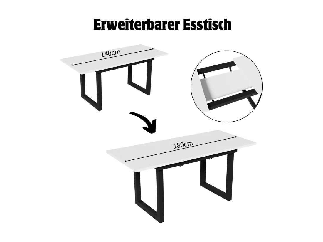 Table à manger extensible 4 à 6 couverts - 140/180 x 80 x 75 cm - MDF et pièds en fer - Effet marbre - Blanc