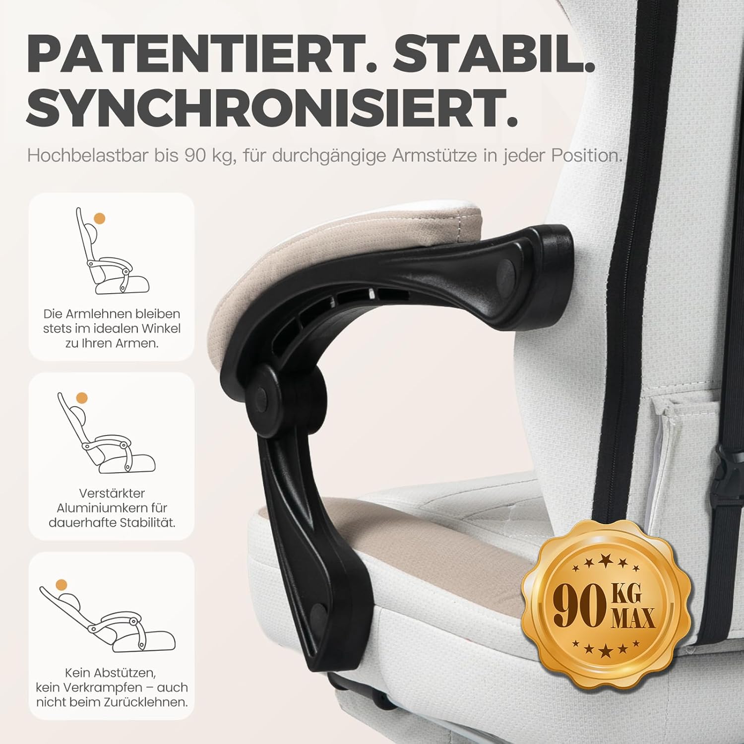 Dowinx Gaming Stuhl Stoff, Massage Gaming Sessel mit Fußstütze, Ergonomischer PC Stuhl Gamer Stuhl Bürostuhl 150 kg belastbarkeit, Beige