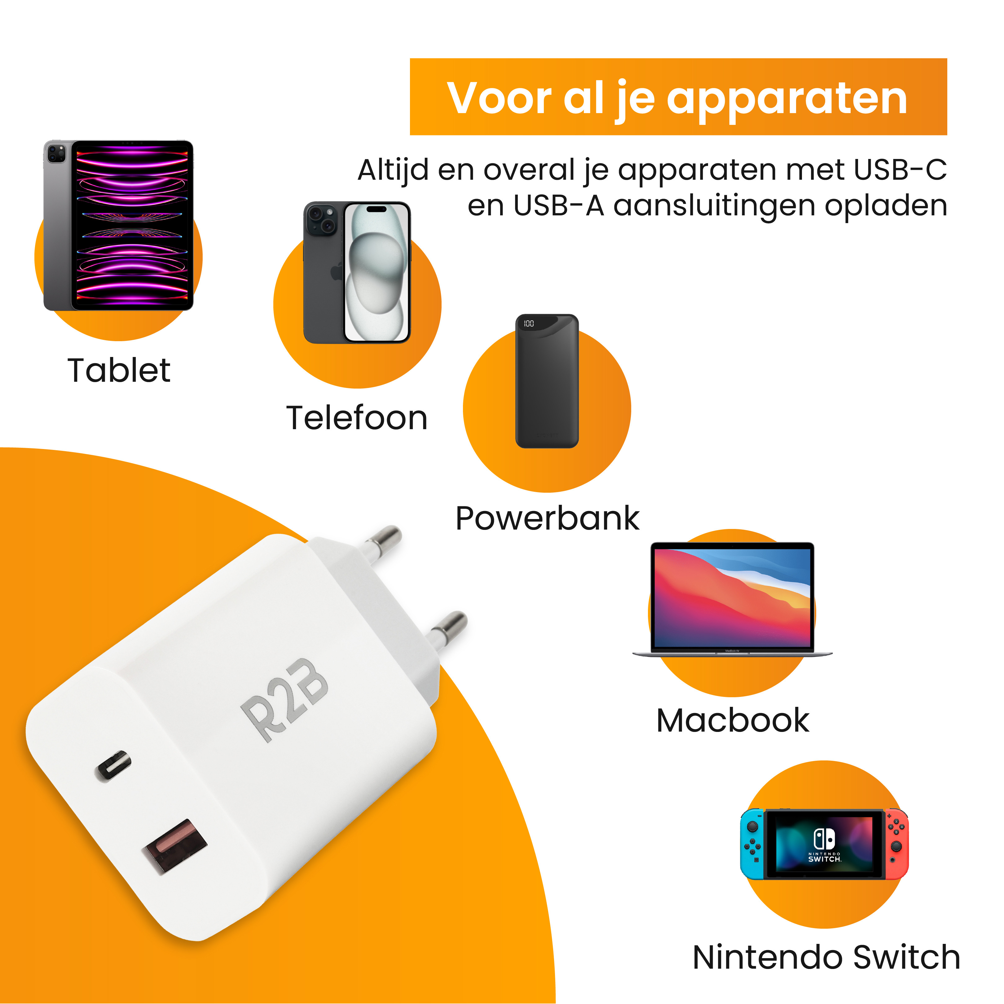 R2B 20W Witte USB A & USB C Oplader
