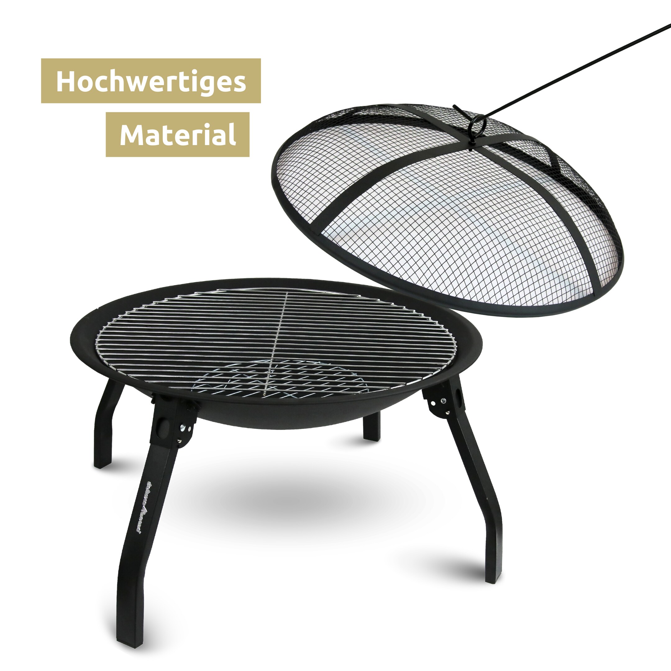deluxe4home® Feuerschale XL I Grillrost + Funkenschutzdeckel I 55 cm Durchmesser, schwarz