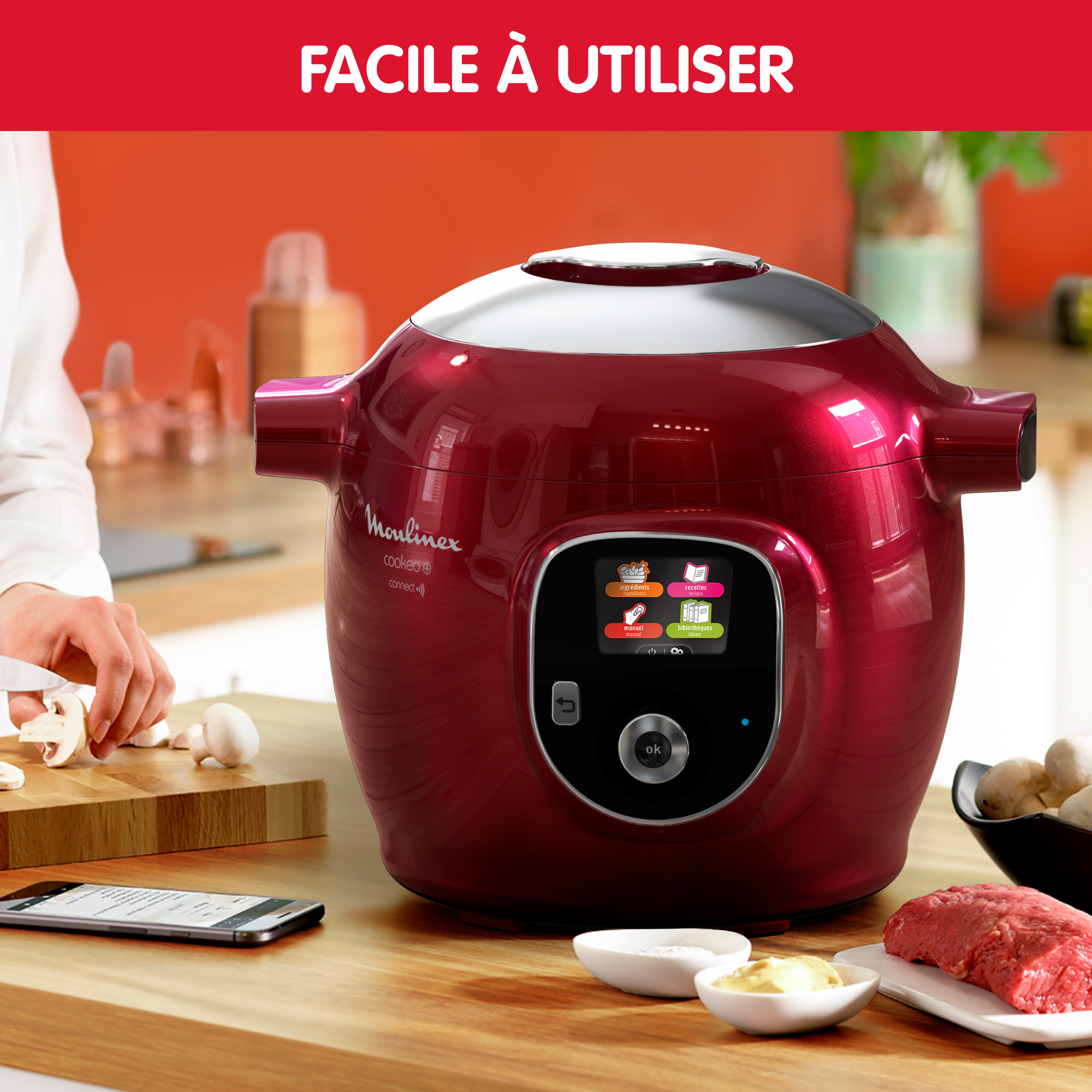Cookeo+ Connect 200 recettes Rouge, avec éplucheur inclus