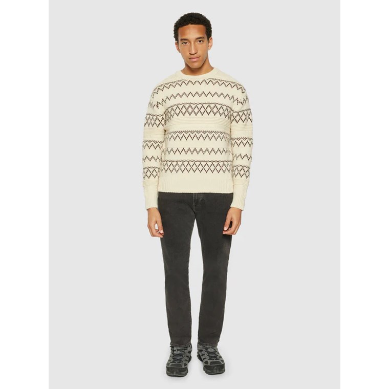 KnowledgeCotton Apparel Knitted Pattern Crew Neck Beige Stripe