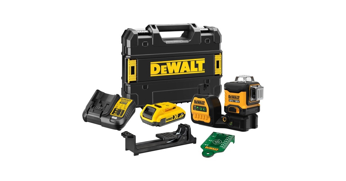 DEWALTDCE089D1G18-QW 12V / 18V XR 3 X 360 Groene Kruislijnlaser  (Zwart/geel, Incl. TSTAK koffer, 18V/2Ah XR battery pack + Oplader)