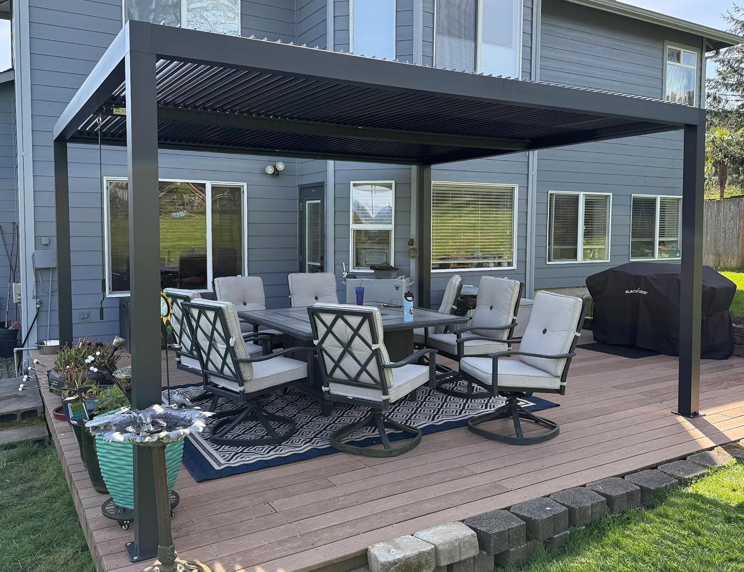 PURPLE LEAF Pavillon 3.65 x 4.25 m mit Lamellendach Freistehend Terrassenüberdachung Verstellbaren Aluminium-Lamellen Pergola Wasserdicht Stabil Winterfest für Garten, Grau