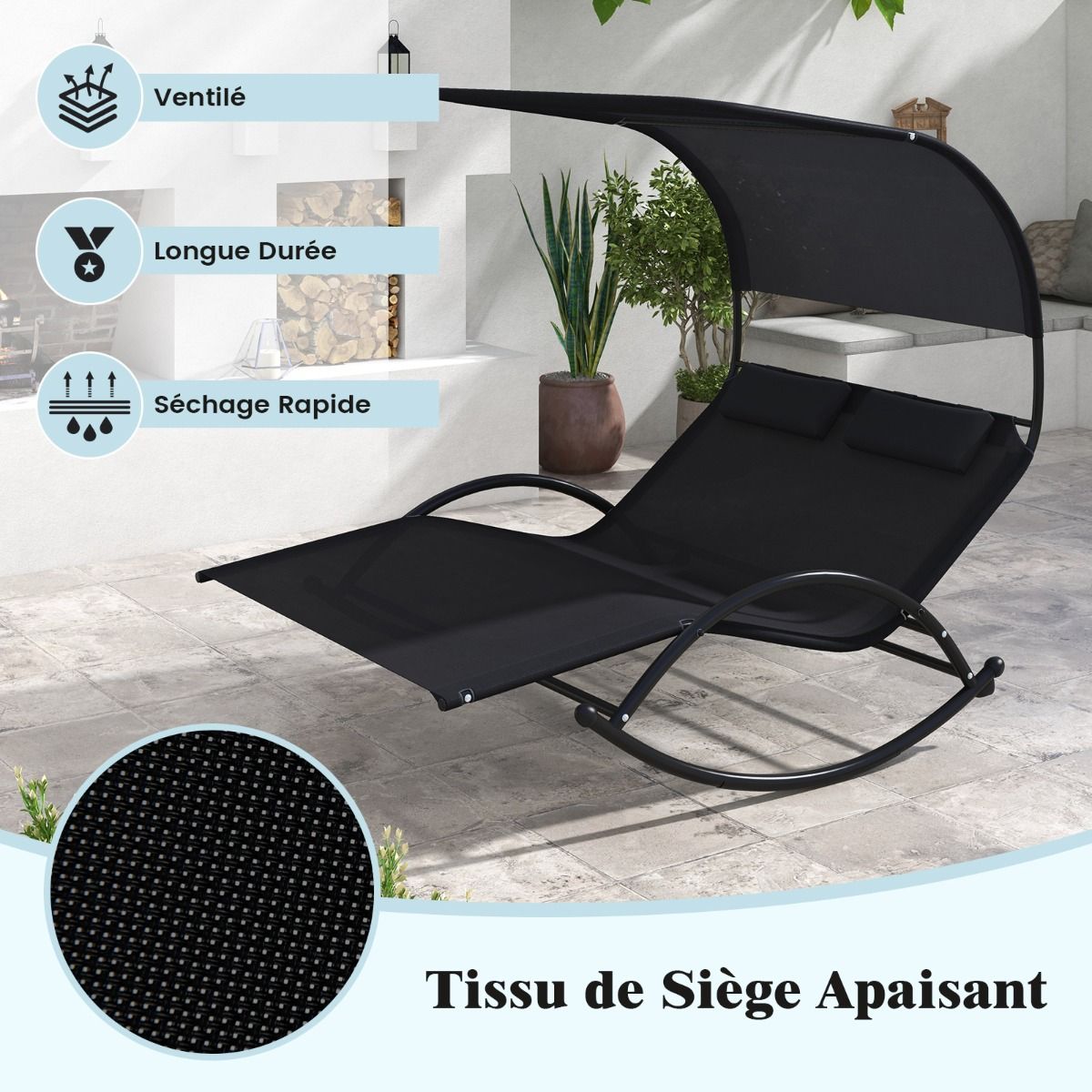 Chaise Longue Double Chaise à Bascule pour 2 Personnes 2 Appui-Têtes Amovibles Cadre en Métal Robuste Lit de Repos Ergonomique 2 Places Gris/Noir/Beige - Lidl-Manfred
