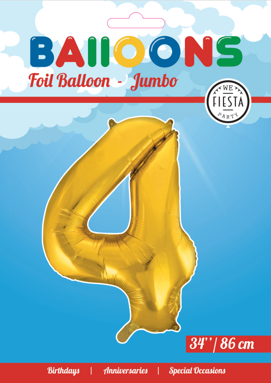 Folie Ballon Cijfer 4 Goud XL 86cm leeg