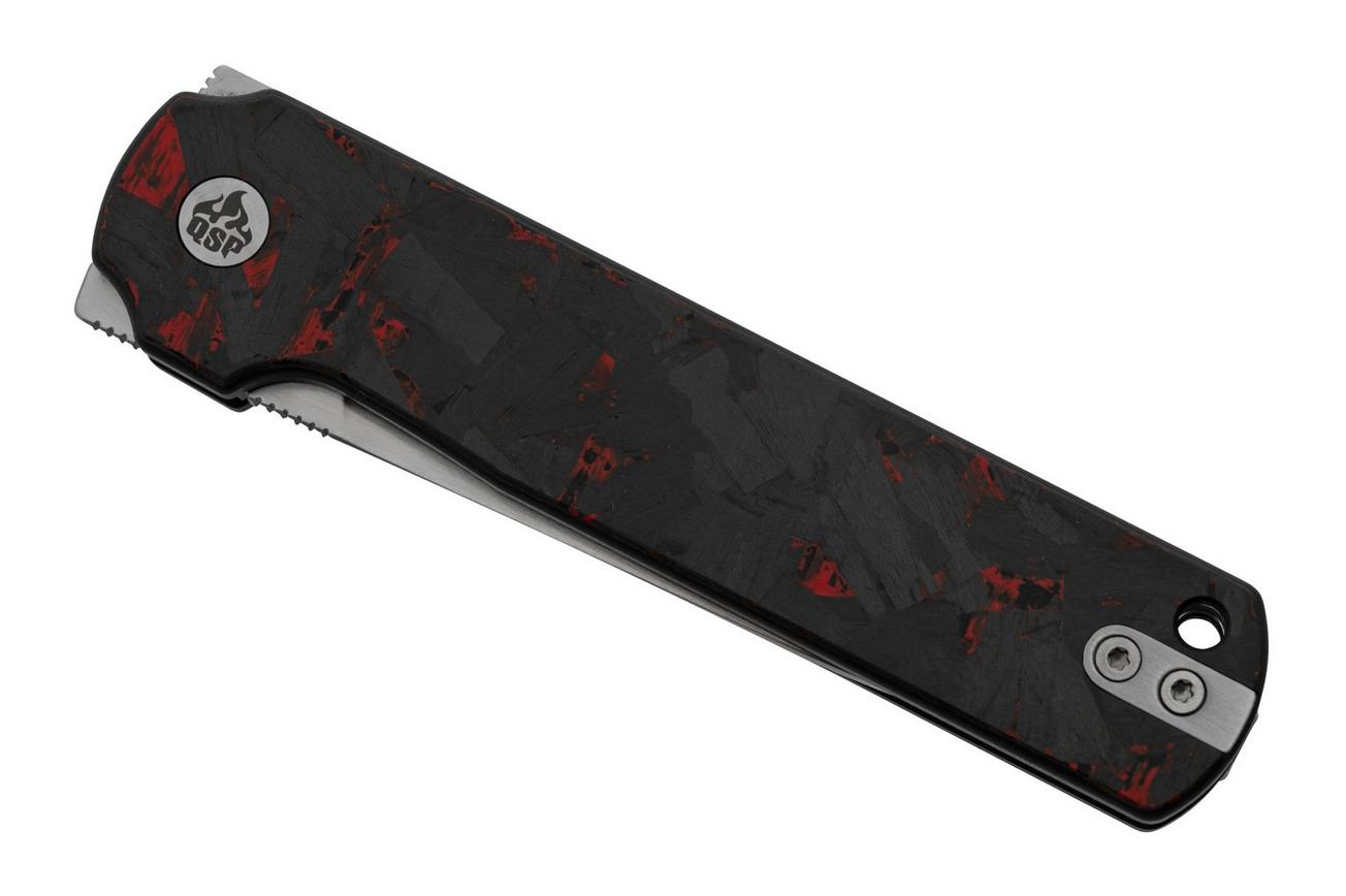 QSP Knife Lark QS144-D, Shredded CF Overlay Red G10, Satin 14C28N, zakmes