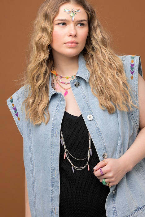 Jeansweste, oversized, Stickereien, teilelastischer Saum
