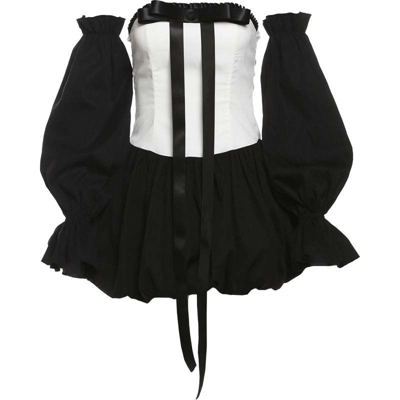 Bababy - Set: Tweekleurige strik mini A-lijn buisjurk + mouwen