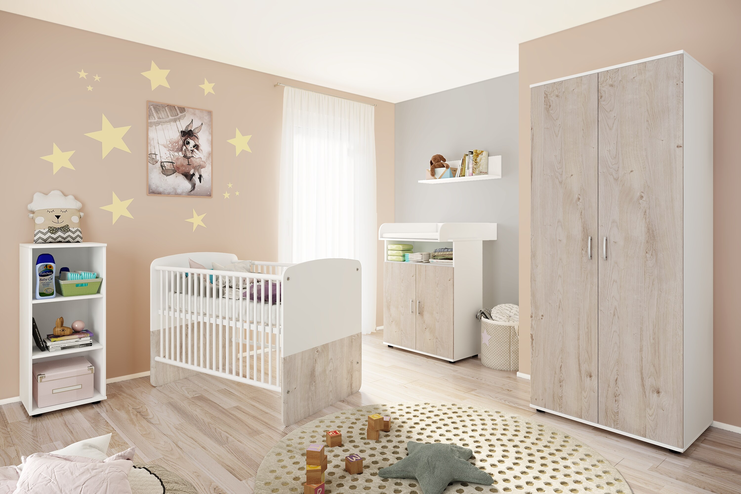 nonjoo. Babyzimmer Hanna Set 4: best. aus Babybett, Kommode, Wickelaufsatz, Wandboard, Regal mit 3 Fächern und Kleiderschrank 2-trg.